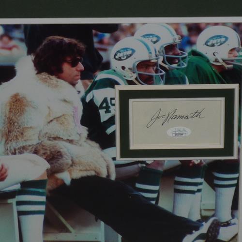 Joe Namath Autographed New York Jets (Fur Coat on Bench) Deluxe Framed 11x14 Photo with Floating Matted Signature - JSA