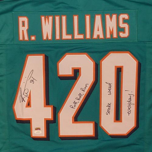Ricky Williams Autographed Miami (Teal #420) Custom Jersey w/ "Puff, Puff, Run ", "Smoke Weed Everyday" - JSA