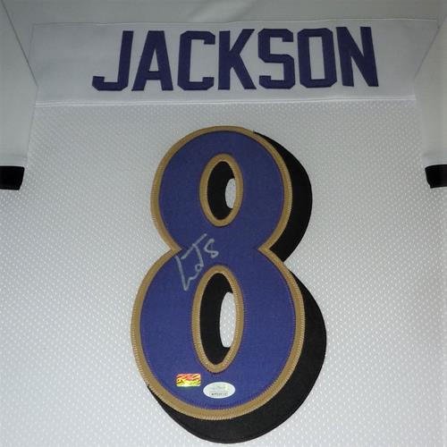 Lamar Jackson Autographed Baltimore (White #8) Deluxe Framed Jersey - JSA