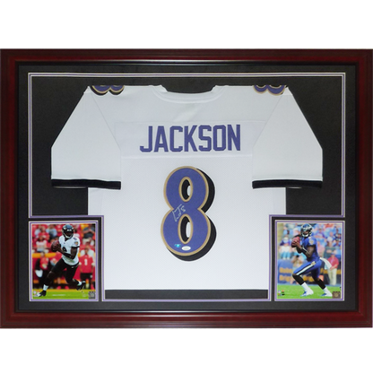 Lamar Jackson Autographed Baltimore (White #8) Deluxe Framed Jersey - JSA