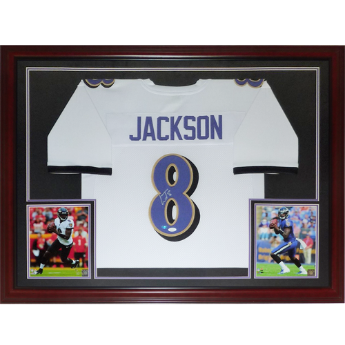 Lamar Jackson Autographed Baltimore (White #8) Deluxe Framed Jersey - JSA