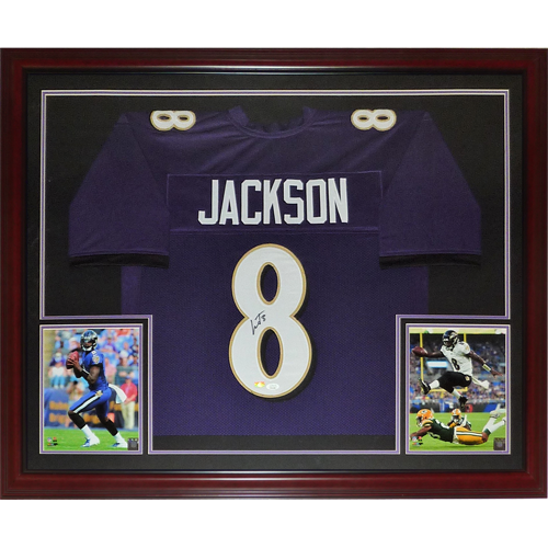 Lamar Jackson Autographed Baltimore (Purple #8) Deluxe Framed Jersey - JSA