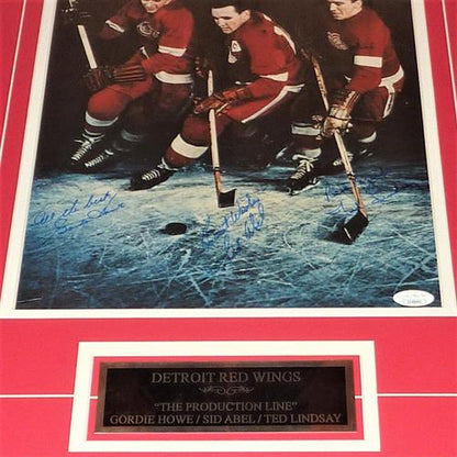 Detroit Red Wings The Production Line Gordie Howe , Sid Abel And Ted Lindsay Autographed Deluxe Framed 11x14 Photo - JSA