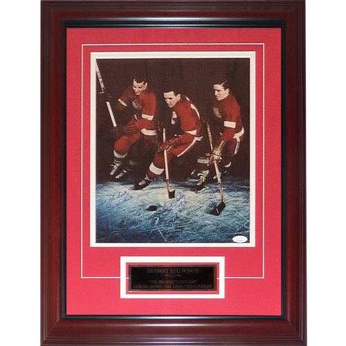 Detroit Red Wings The Production Line Gordie Howe , Sid Abel And Ted Lindsay Autographed Deluxe Framed 11x14 Photo - JSA