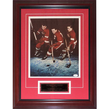 Detroit Red Wings The Production Line Gordie Howe , Sid Abel And Ted Lindsay Autographed Deluxe Framed 11x14 Photo - JSA