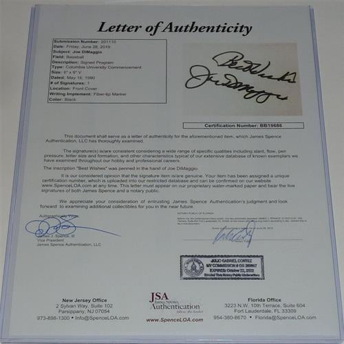 Joe DiMaggio Autographed New York Yankees Deluxe Framed 11x14 Photo with Cut Signature - JSA Letter