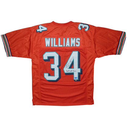 Ricky Williams Autographed Miami (Orange #34) Custom Jersey w/ Puff Puff Run - Radtke