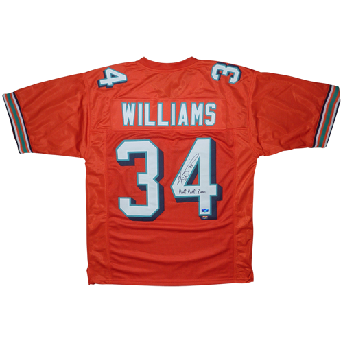 Ricky Williams Autographed Miami (Orange #34) Custom Jersey w/ Puff Puff Run - Radtke