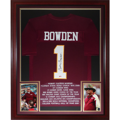Bobby Bowden Autographed Florida State FSU Seminoles (Garnet #1) Deluxe Framed STAT Jersey