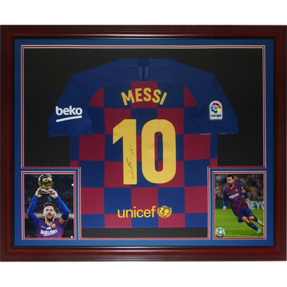 Lionel Messi Autographed FC Barcelona (19-20 Home #10) Deluxe Framed Soccer Jersey - Icons COA