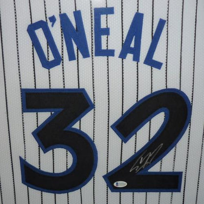 Shaquille O'Neal Autographed Orlando Magic (White Pinstripe #32) Deluxe Framed Jersey - Beckett