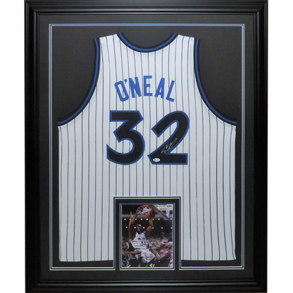 Shaquille O'Neal Autographed Orlando Magic (White Pinstripe #32) Deluxe Framed Jersey - Beckett