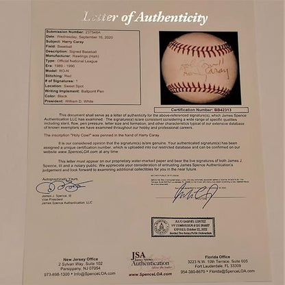 Harry Caray Autographed ONL Baseball - Cubs Announcer - JSA Full Letter