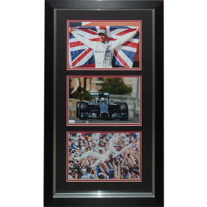 Lewis Hamilton Autographed Formula One Racing Deluxe Framed Triple Photo Piece - JSA