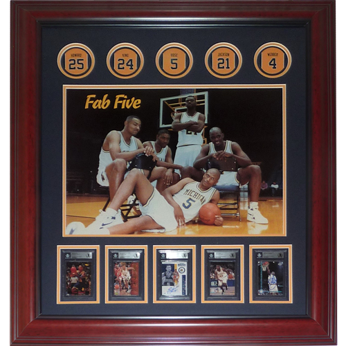 Michigan Wolverines FAB FIVE Basketball Deluxe Framed Poster with Autographed Cards - Webber, Rose, Howard, King, Jackson - Beckett Slab