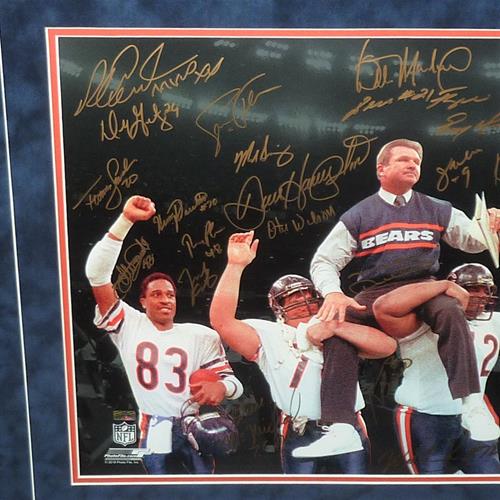 1985 Chicago Bears Team (Super Bowl XX Champs) and Walter Payton Deluxe Framed Spotlight 16_20 Photo with Patches - 29 Signatures