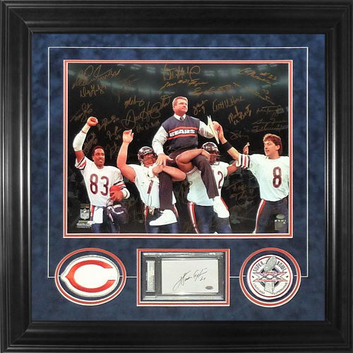 1985 Chicago Bears Team (Super Bowl XX Champs) and Walter Payton Deluxe Framed Spotlight 16×20 Photo with Patches – 29 Signatures