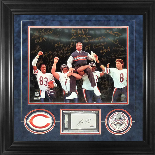 1985 Chicago Bears Team (Super Bowl XX Champs) and Walter Payton Deluxe Framed Spotlight 16_20 Photo with Patches - 29 Signatures