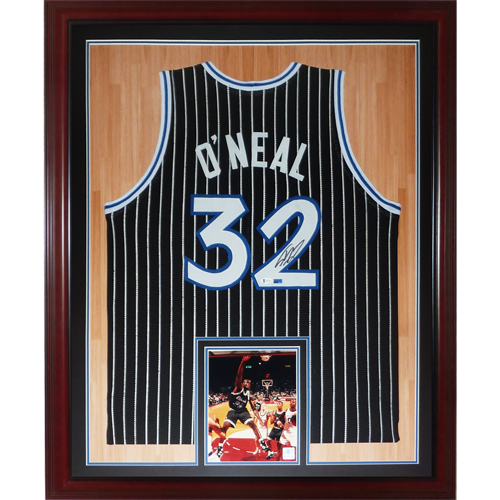 Shaquille O'Neal Autographed Orlando Magic (Black Pinstripe #32) Deluxe Framed Jersey - Beckett