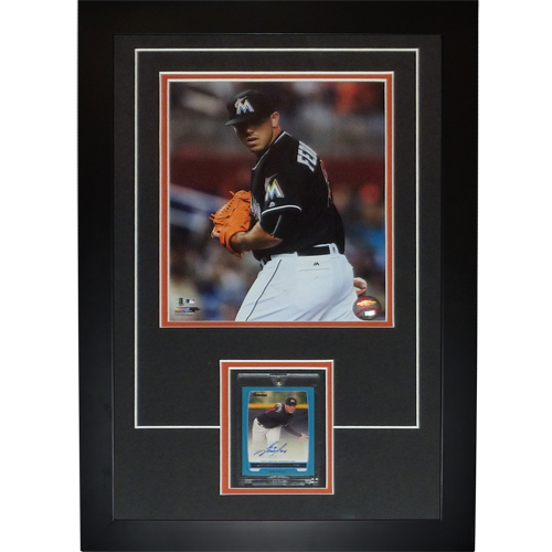 Jose Fernandez Autographed Baseball Card Deluxe Framed with Miami Marlins 8x10 Photo