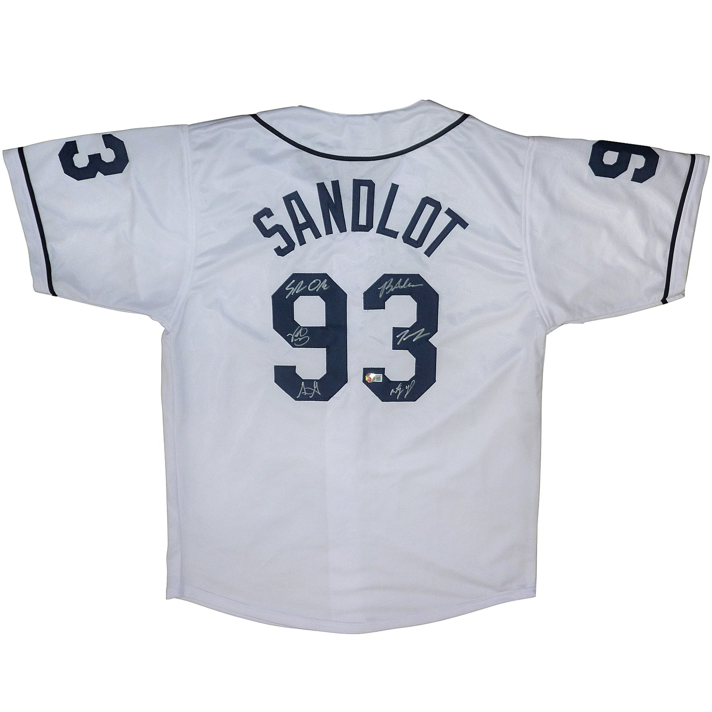 The Sandlot Cast Autographed (White #93) Custom Baseball Jersey - 6 Signatures - Beckett