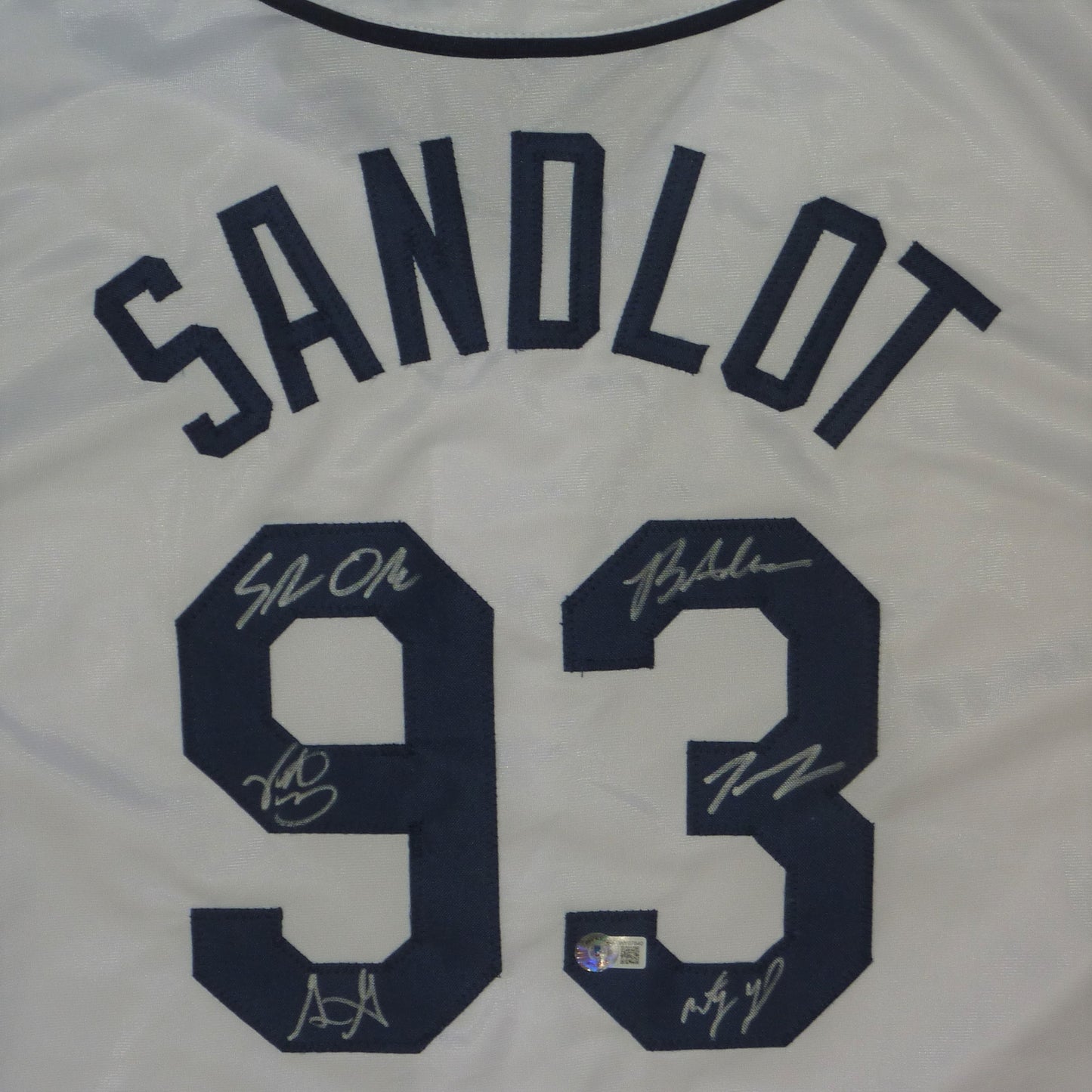 The Sandlot Cast Autographed (White #93) Custom Baseball Jersey - 6 Signatures - Beckett