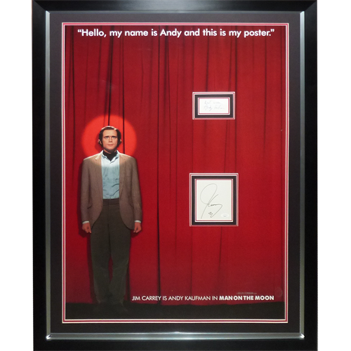 Man On The Moon Full-Size Movie Poster Deluxe Framed with Andy Kaufman and Jim Carrey Autographs - JSA