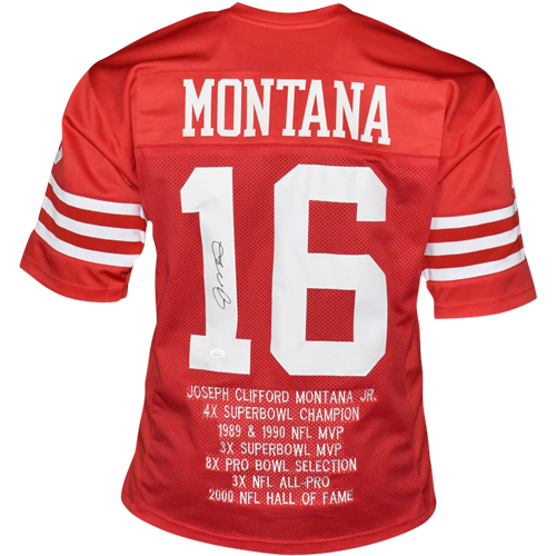 Joe Montana Autographed San Francisco (Red #16) Custom STAT Jersey - JSA