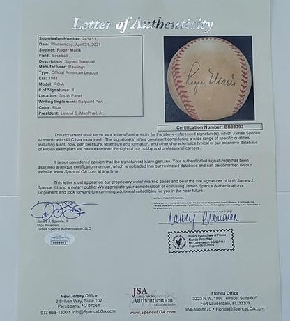 Roger Maris Autographed Baseball - JSA Full Letter