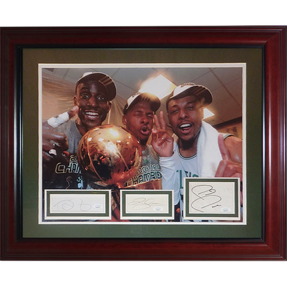 Kevin Garnett , Ray Allen , Paul Pierce Autographed Boston Celtics (NBA Finals Celebration) Deluxe Framed 16x20 Piece - JSA