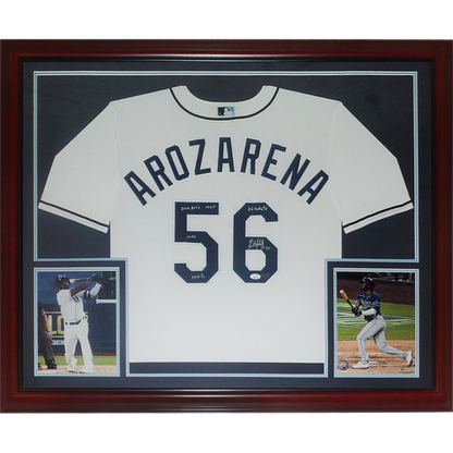 Randy Arozarena Autographed Tampa Bay Rays (White #56) Deluxe Framed Jersey w/ Multiple Inscriptions - JSA