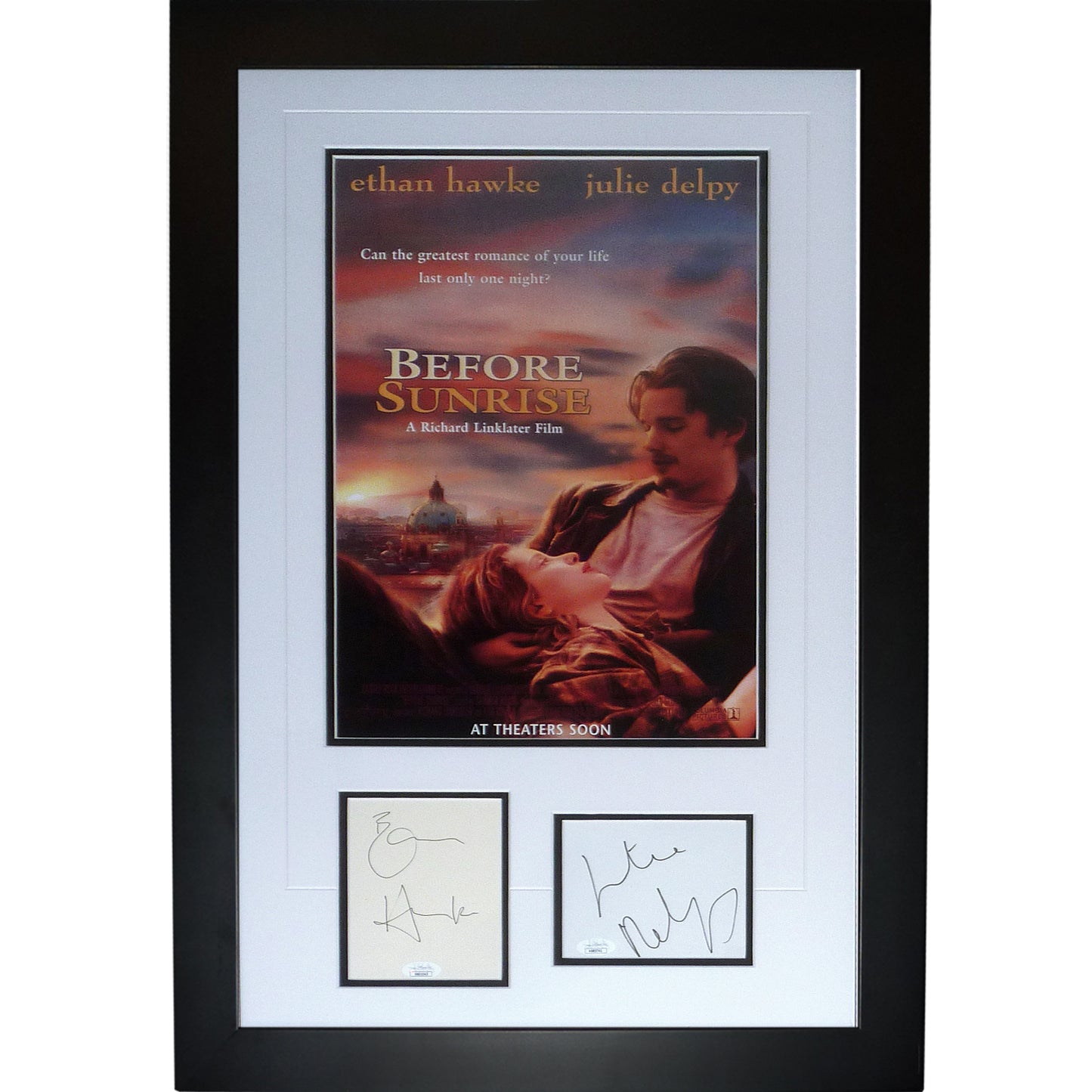 Before Sunrise Movie Poster Deluxe Framed with Ethan Hawke And Julie Delpy Autographs - JSA
