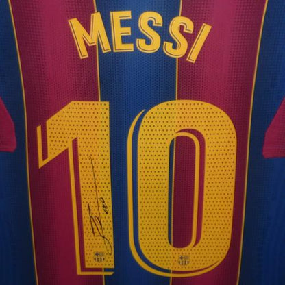 Lionel Messi Autographed FC Barcelona (20-21 Home #10) Deluxe Framed Soccer Jersey - Icons COA
