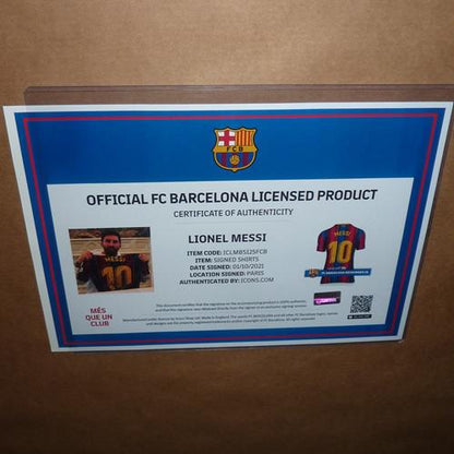 Lionel Messi Autographed FC Barcelona (20-21 Home #10) Deluxe Framed Soccer Jersey – Icons COA