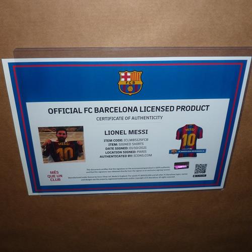 Lionel Messi Autographed FC Barcelona (20-21 Home #10) Deluxe Framed Soccer Jersey - Icons COA