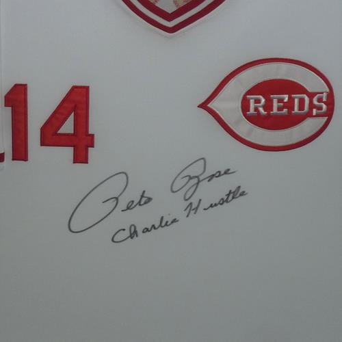 Pete Rose Autographed Cincinnati Reds (White Mitchell And Ness) Deluxe Framed Jersey w/ Charlie Hustle - JSA