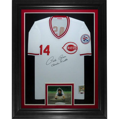 Pete Rose Autographed Cincinnati Reds (White Mitchell And Ness) Deluxe Framed Jersey w/ Charlie Hustle - JSA