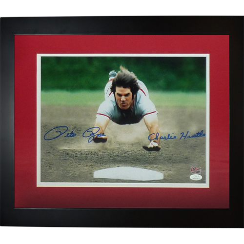 Pete Rose Autographed Cincinnati Reds (Head First Slide) Deluxe Framed 11x14 Photo w/ Charlie Hustle - JSA