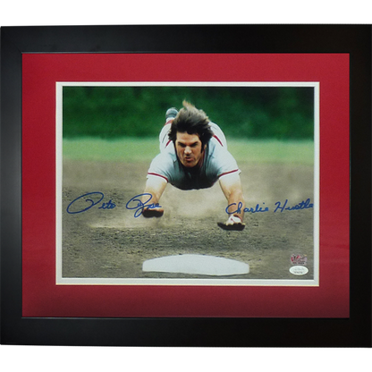 Pete Rose Autographed Cincinnati Reds (Head First Slide) Deluxe Framed 11x14 Photo w/ Charlie Hustle - JSA