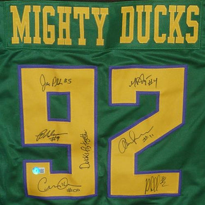 Mighty Ducks Cast Autographed (Green #92) Custom Hockey Jersey w/ Ducks Fly Together - 6 Signatures - Beckett