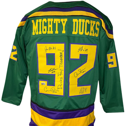 Mighty Ducks Cast Autographed (Green #92) Custom Hockey Jersey w/ Ducks Fly Together - 6 Signatures - Beckett