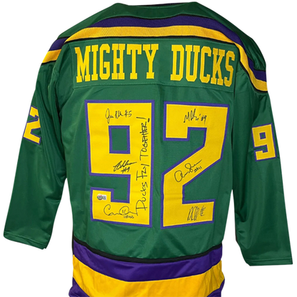 Mighty Ducks Cast Autographed (Green #92) Custom Hockey Jersey w/ Ducks Fly  Together - 6 Signatures - Beckett