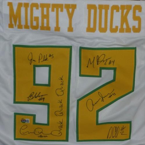 Mighty Ducks Cast Signed White Jersey with Ducks Fly Together