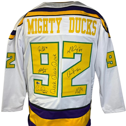 Mighty Ducks Cast Autographed (White #92) Custom Hockey Jersey w/ Quack Quack Quack - 6 Signatures - Beckett