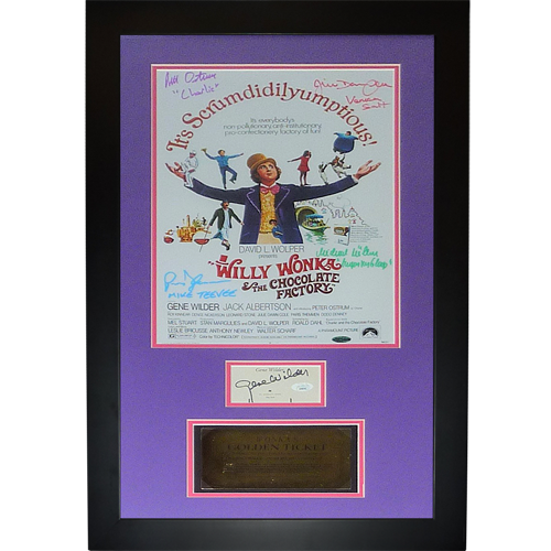 Gene Wilder and Cast Autographed Willy Wonka and the Chocolate Factory Deluxe Framed 11x17 Movie Poster and Golden Ticket Piece - JSA