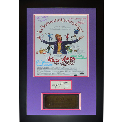 Gene Wilder and Cast Autographed Willy Wonka and the Chocolate Factory Deluxe Framed 11x17 Movie Poster and Golden Ticket Piece - JSA
