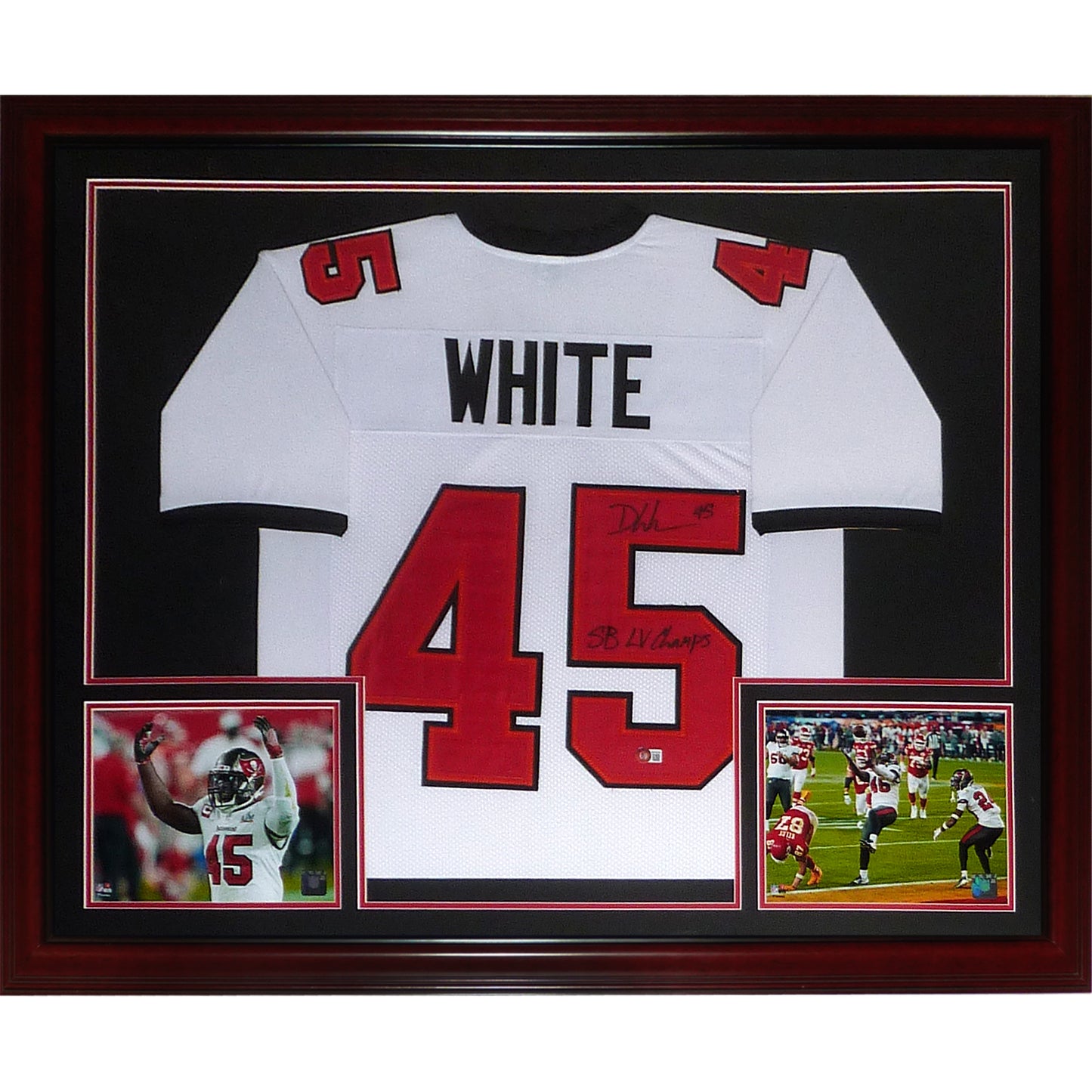Devin White Autographed Tampa Bay Buccaneers (White #45) Deluxe Framed Jersey w/ "SB LV Champs" - Beckett