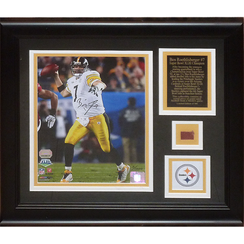 Ben Roethlisberger Autographed Pittsburgh Steelers Deluxe Framed 8x10 Photo w/ Game-Used Football Piece - Mounted Memories
