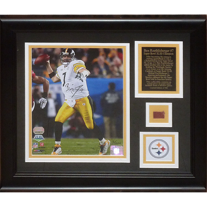 Ben Roethlisberger Autographed Pittsburgh Steelers Deluxe Framed 8x10 Photo w/ Game-Used Football Piece - Mounted Memories