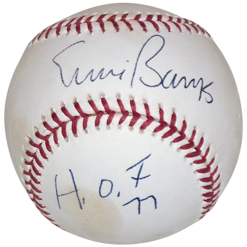 Ernie Banks Autographed Official MLB Baseball w/ HOF 77 - JSA